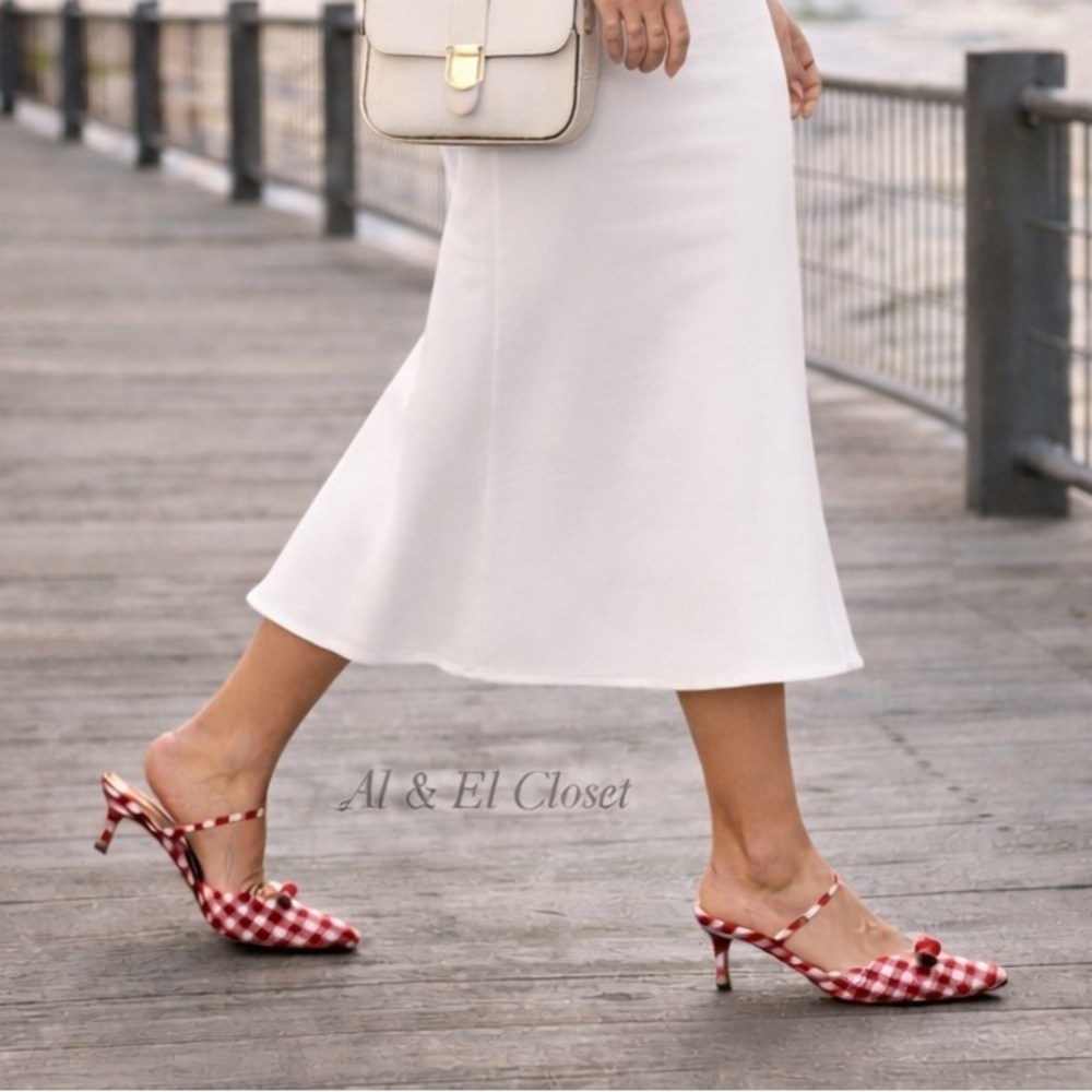 Wild Fable Red Gingham Pointed Toe Mules Size 8 Bow Kitten Heel New With Tags